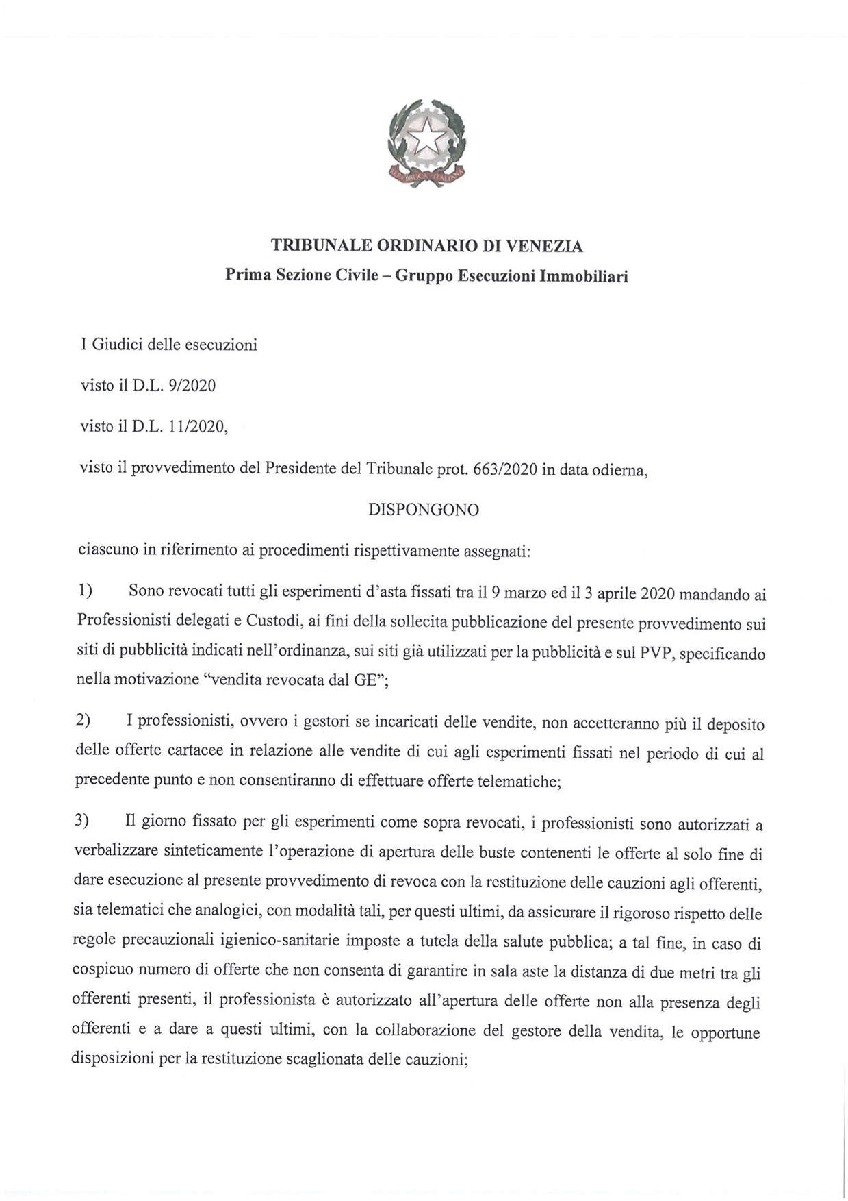 Ordinanza di revoca - Giudici delle esecuzioni del Tribunale di Venezia del 9.03.2020